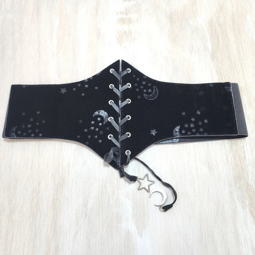 Black Velvet Celestial Moon Star Lace Up Corset Waist Belt Gothic Witchy Cinch S